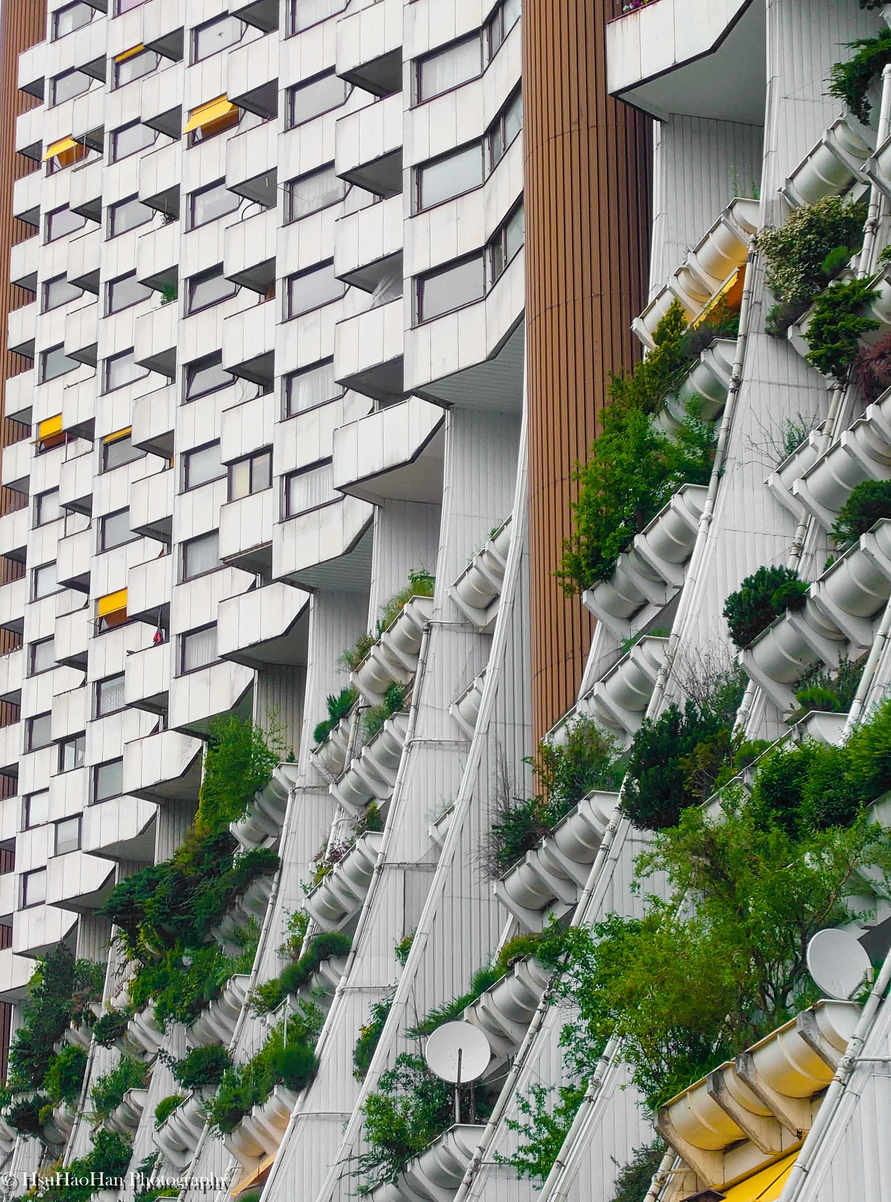 奧地利維也納 Wohnpark Alterlaa 住宅的立面細節，展示了其標誌性的階梯式露台，每個白色花槽中都長滿了茂盛的植物。