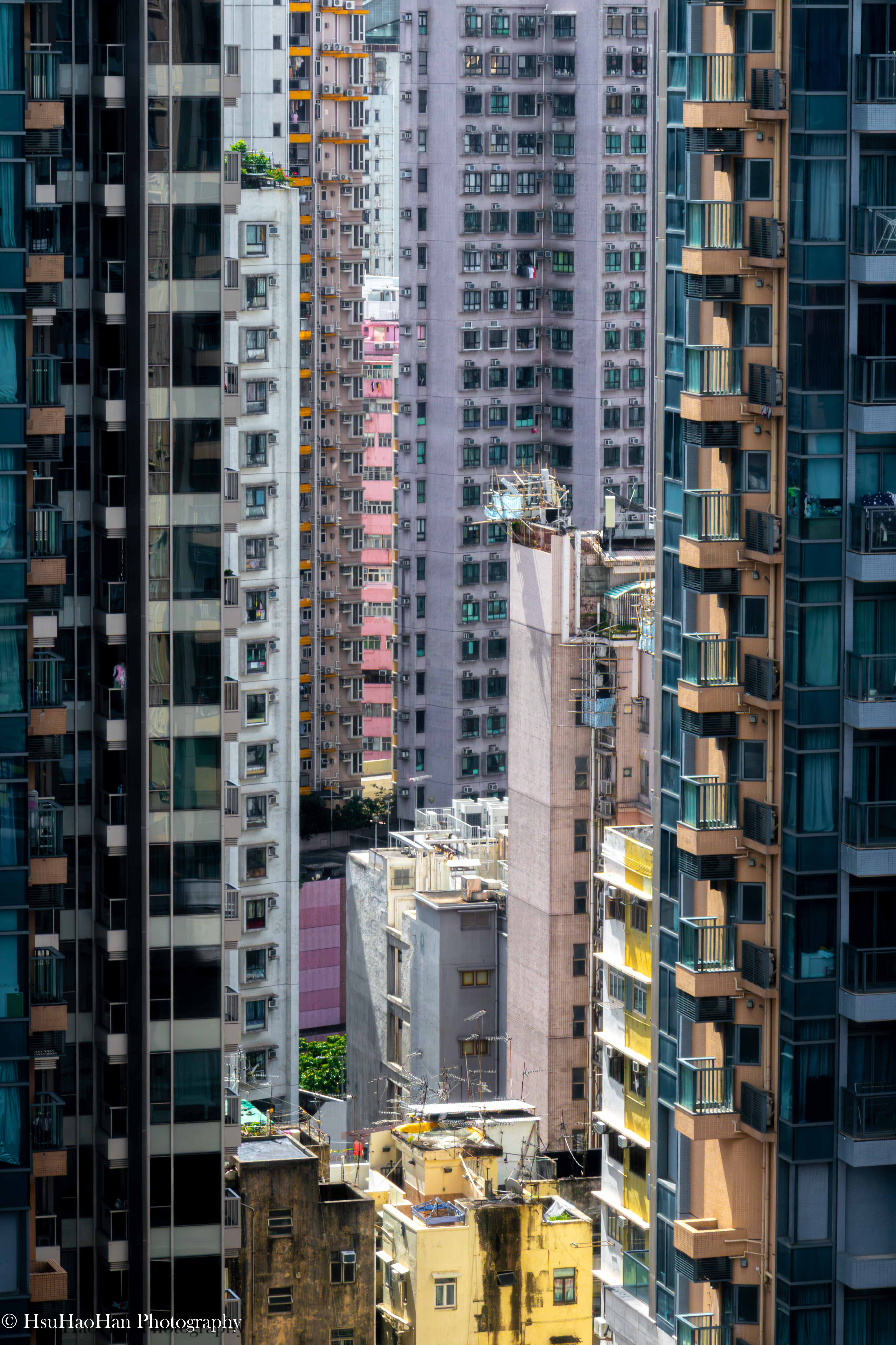 從高處用長焦鏡頭拍攝的香港高密度住宅建築群，層層疊疊、色彩各異的大樓，填滿了整個畫面，展現出都市的擁擠感。